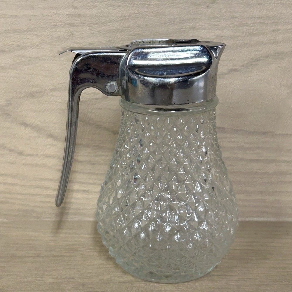 Vintage Diamond Cut Glass Diner Syrup Sugar or Honey Container Dispenser Bottle - Picture 3 of 8